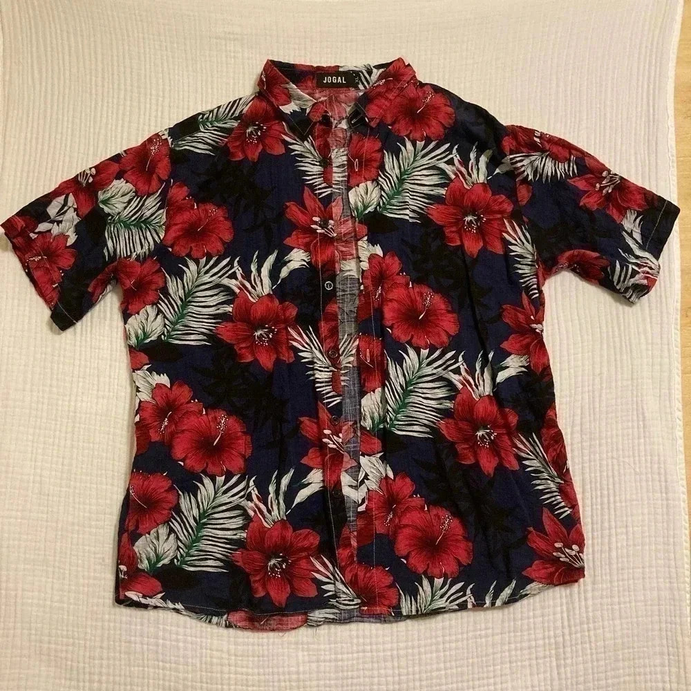 JOGAL Men's Flower Casual Button Down Short Sleeve Hawaiian Shirt XL